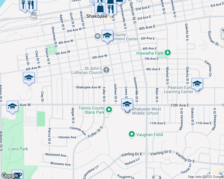 map of restaurants, bars, coffee shops, grocery stores, and more near 904 Holmes Street South in Shakopee