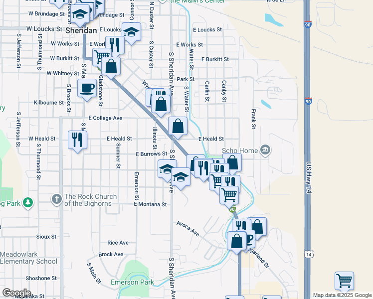 map of restaurants, bars, coffee shops, grocery stores, and more near 611 Coffeen Ave in Sheridan