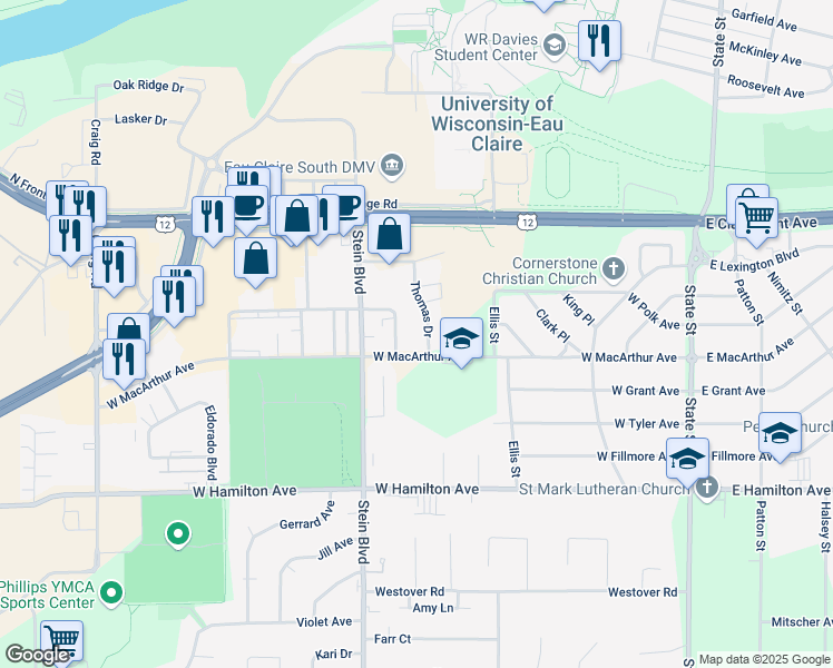 map of restaurants, bars, coffee shops, grocery stores, and more near 2825 Thomas Drive in Eau Claire