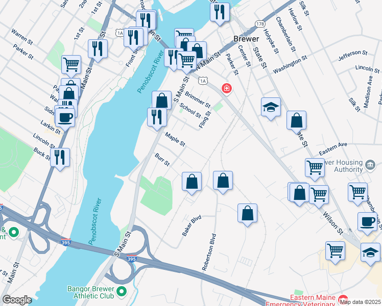 map of restaurants, bars, coffee shops, grocery stores, and more near 39 Maple Street in Brewer