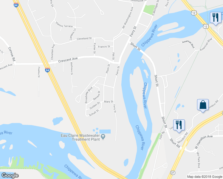 map of restaurants, bars, coffee shops, grocery stores, and more near 804 Ferry Street in Eau Claire