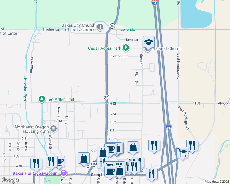 map of restaurants, bars, coffee shops, grocery stores, and more near 3410 1/2 Cedar Street in Baker City
