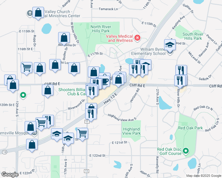 map of restaurants, bars, coffee shops, grocery stores, and more near 2200 Highway 13 East in Burnsville