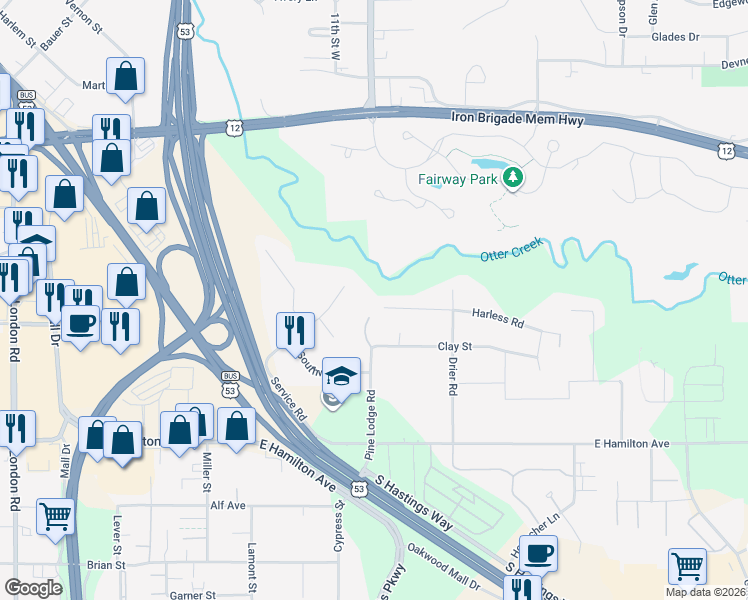 map of restaurants, bars, coffee shops, grocery stores, and more near 3916 Harless Road in Eau Claire