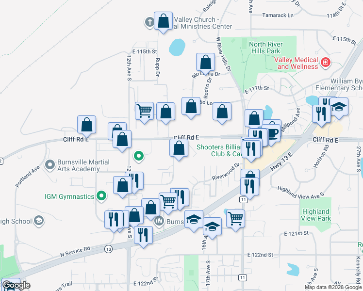 map of restaurants, bars, coffee shops, grocery stores, and more near 1405 Cliff Road East in Burnsville