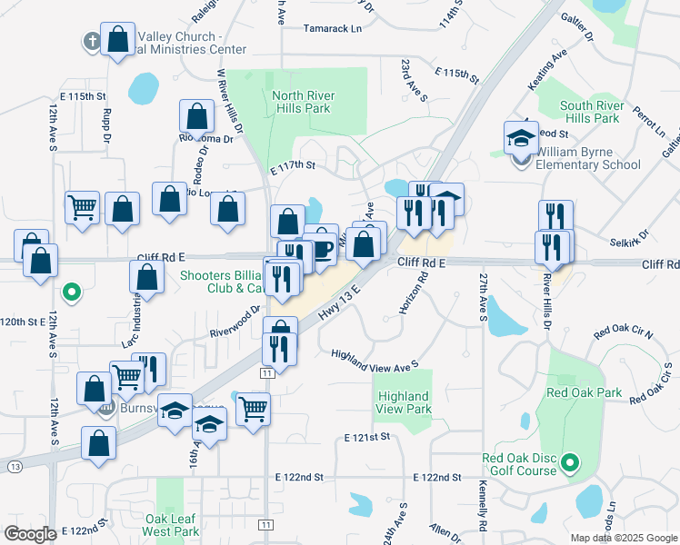 map of restaurants, bars, coffee shops, grocery stores, and more near 2200 Highway 13 East in Burnsville