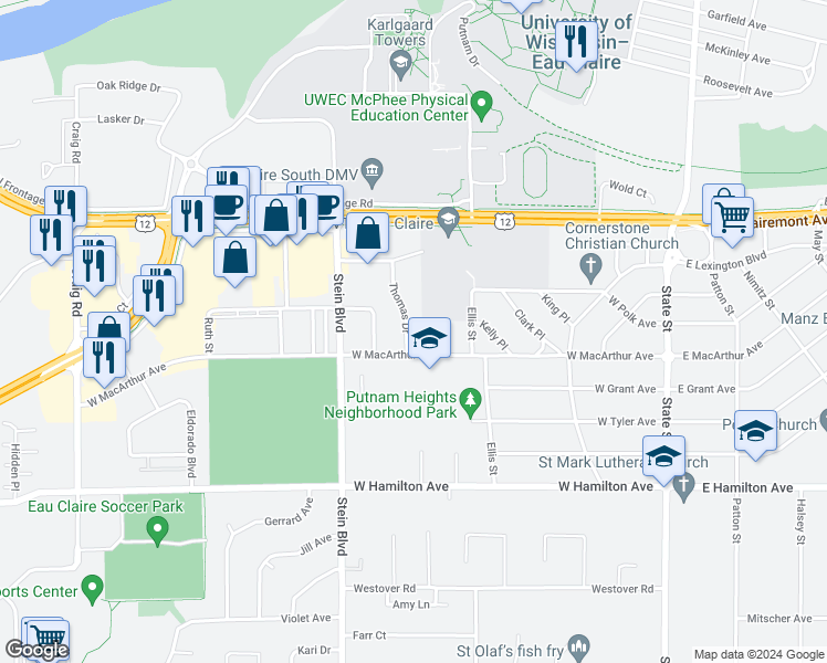 map of restaurants, bars, coffee shops, grocery stores, and more near 2825 Thomas Drive in Eau Claire