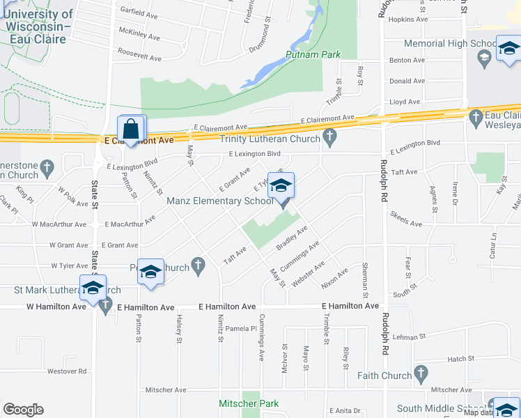 map of restaurants, bars, coffee shops, grocery stores, and more near 922 East Fillmore Avenue in Eau Claire