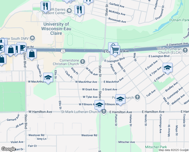 map of restaurants, bars, coffee shops, grocery stores, and more near 115 West Polk Avenue in Eau Claire