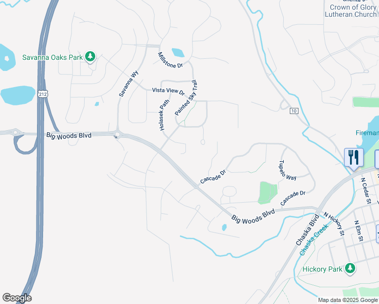 map of restaurants, bars, coffee shops, grocery stores, and more near 3937 Holasek Path in Chaska