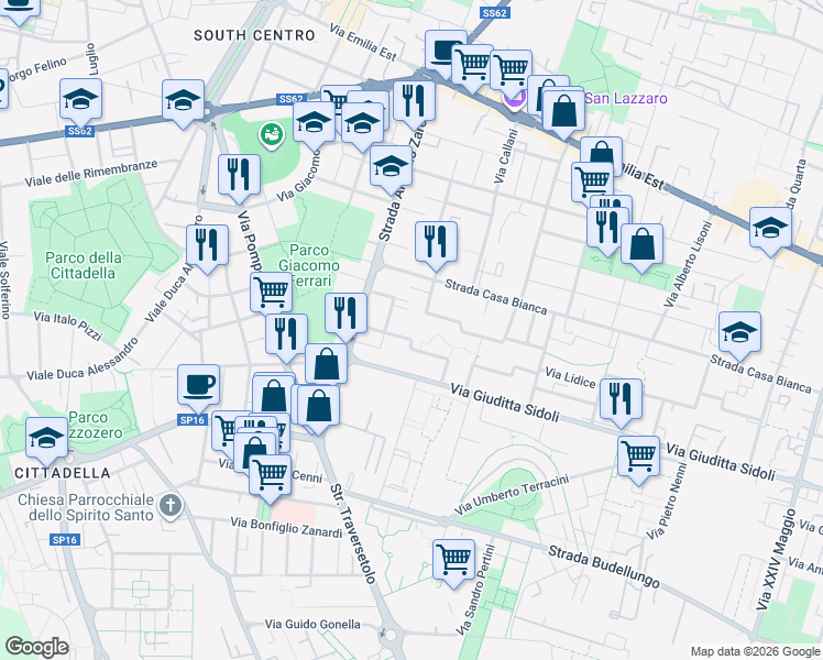 map of restaurants, bars, coffee shops, grocery stores, and more near 6 Via Albert Einstein in Parma