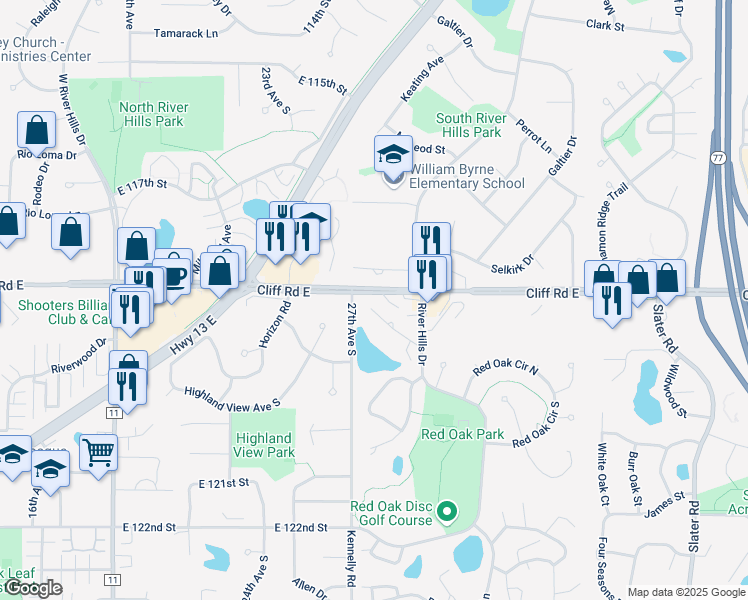 map of restaurants, bars, coffee shops, grocery stores, and more near 2702 Rolling Oaks Road in Burnsville