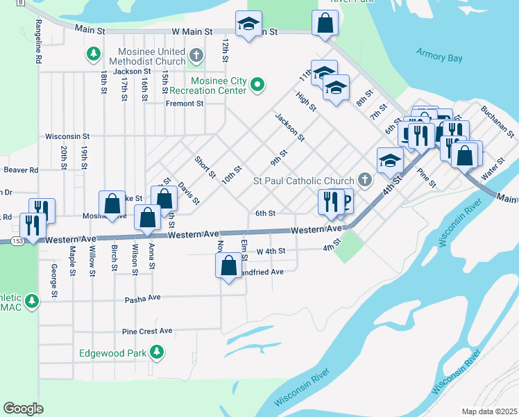 map of restaurants, bars, coffee shops, grocery stores, and more near 912 8th Street in Mosinee