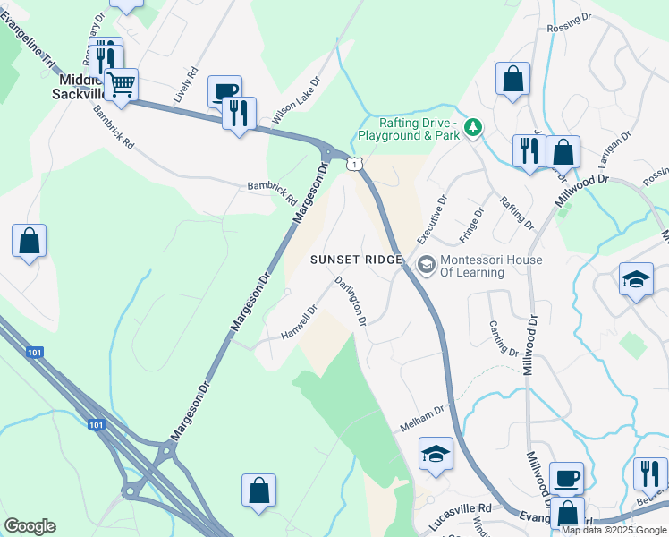map of restaurants, bars, coffee shops, grocery stores, and more near 81 Darlington Drive in Middle Sackville