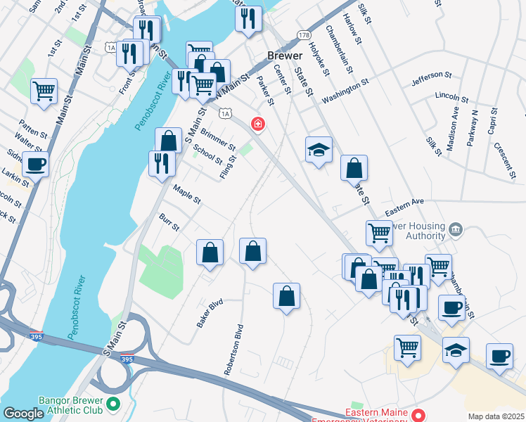 map of restaurants, bars, coffee shops, grocery stores, and more near 27 Blake Street in Brewer