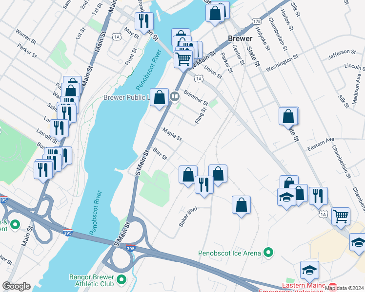 map of restaurants, bars, coffee shops, grocery stores, and more near 39 Maple Street in Brewer