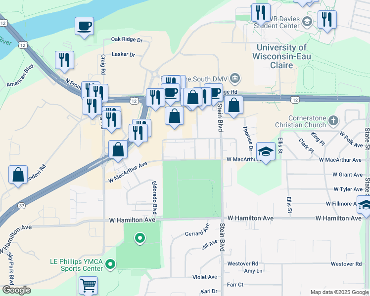 map of restaurants, bars, coffee shops, grocery stores, and more near 2810 Claudette Street in Eau Claire