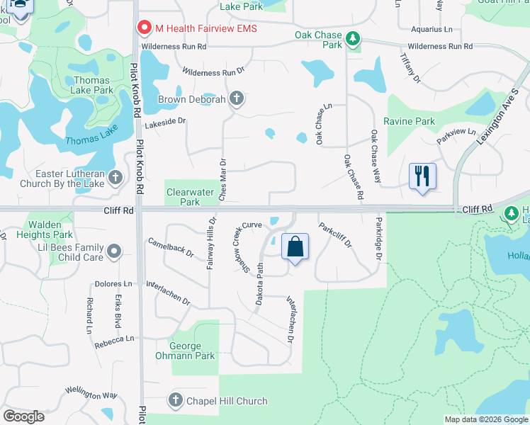 map of restaurants, bars, coffee shops, grocery stores, and more near 1301 Shadow Creek Curve in Saint Paul
