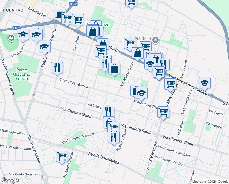 map of restaurants, bars, coffee shops, grocery stores, and more near 46 Strada Casa Bianca in Parma