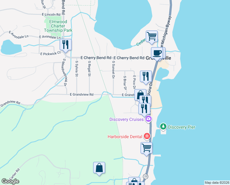 map of restaurants, bars, coffee shops, grocery stores, and more near 12989 South Sunset Drive in Traverse City
