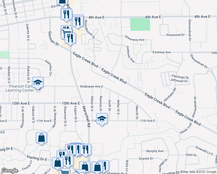map of restaurants, bars, coffee shops, grocery stores, and more near 1691 Shakopee Avenue East in Shakopee