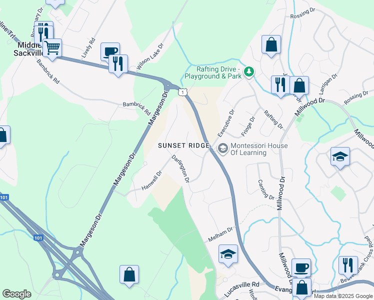 map of restaurants, bars, coffee shops, grocery stores, and more near 36 Avebury Court in Middle Sackville