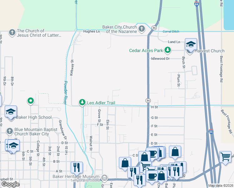 map of restaurants, bars, coffee shops, grocery stores, and more near 1420 H Street in Baker City