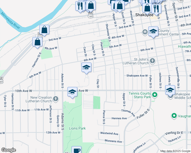 map of restaurants, bars, coffee shops, grocery stores, and more near 904 Clay Street in Shakopee