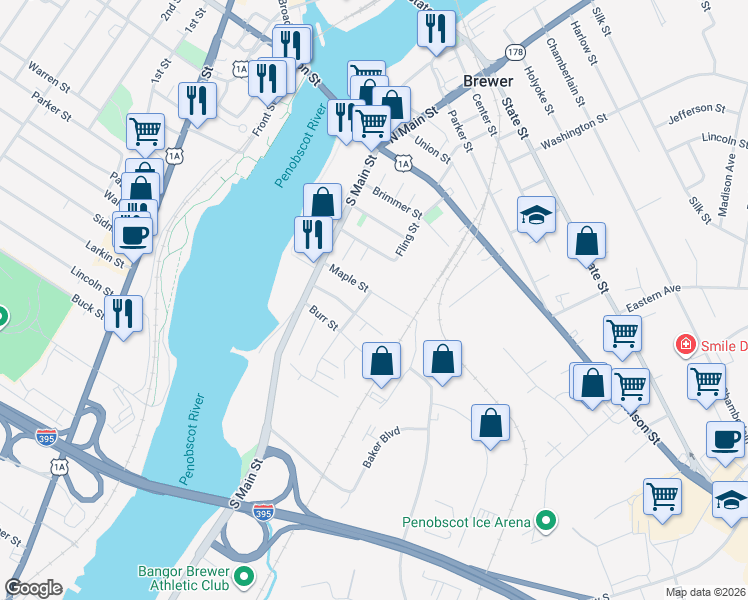 map of restaurants, bars, coffee shops, grocery stores, and more near 39 Maple Street in Brewer