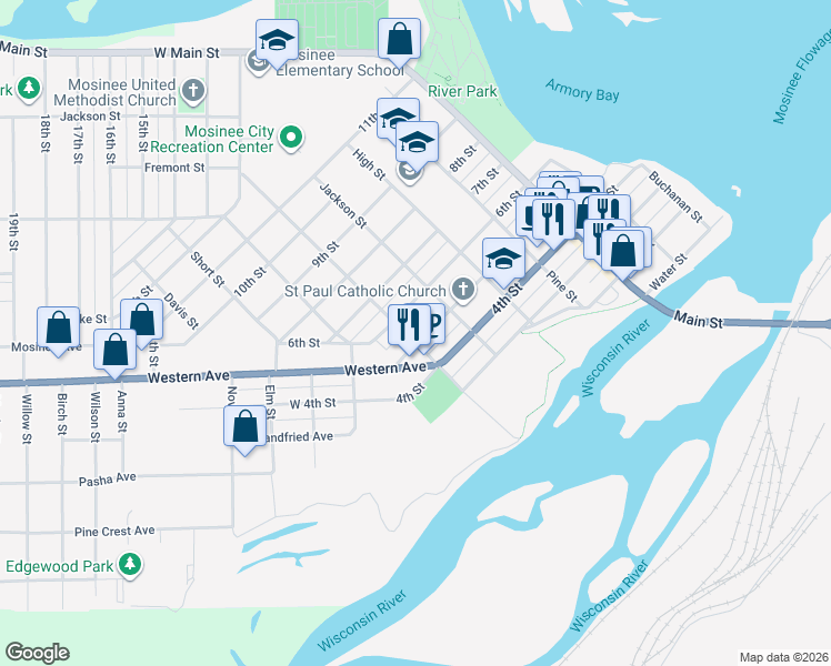 map of restaurants, bars, coffee shops, grocery stores, and more near 713 5th Street in Mosinee