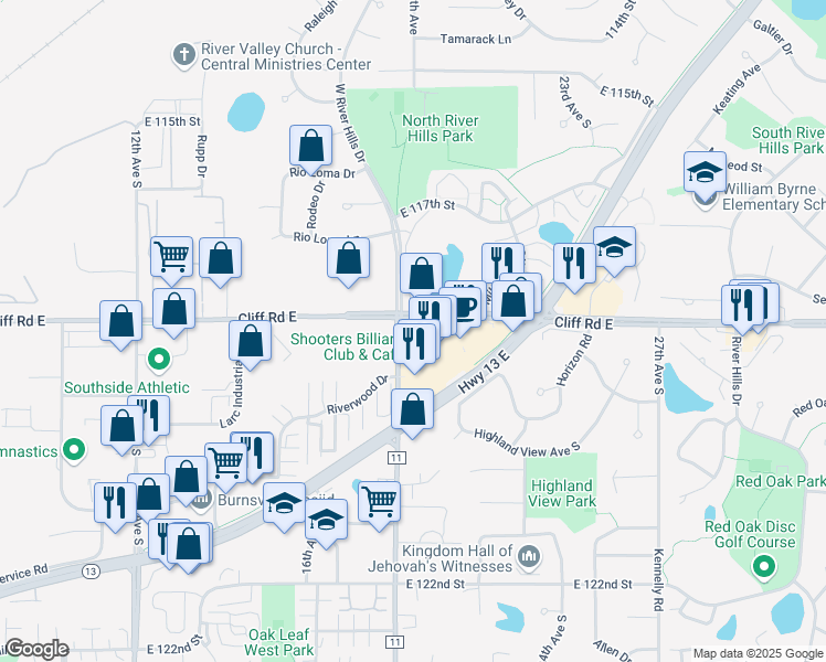 map of restaurants, bars, coffee shops, grocery stores, and more near 1851 Cliff Road East in Burnsville