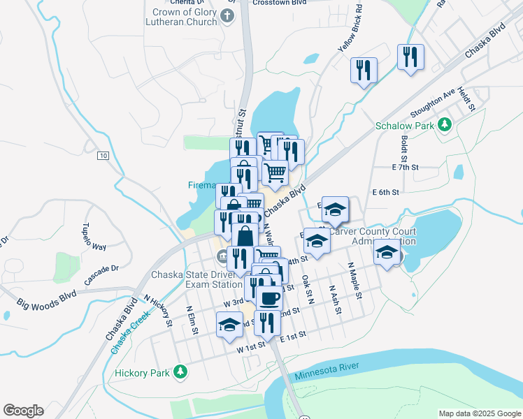 map of restaurants, bars, coffee shops, grocery stores, and more near 709 North Walnut Street in Chaska