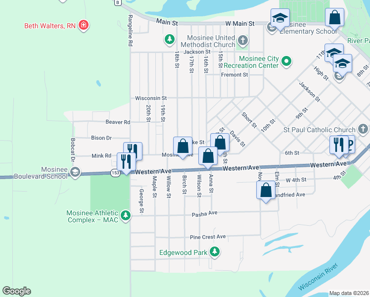 map of restaurants, bars, coffee shops, grocery stores, and more near 1120 Creske St in Mosinee