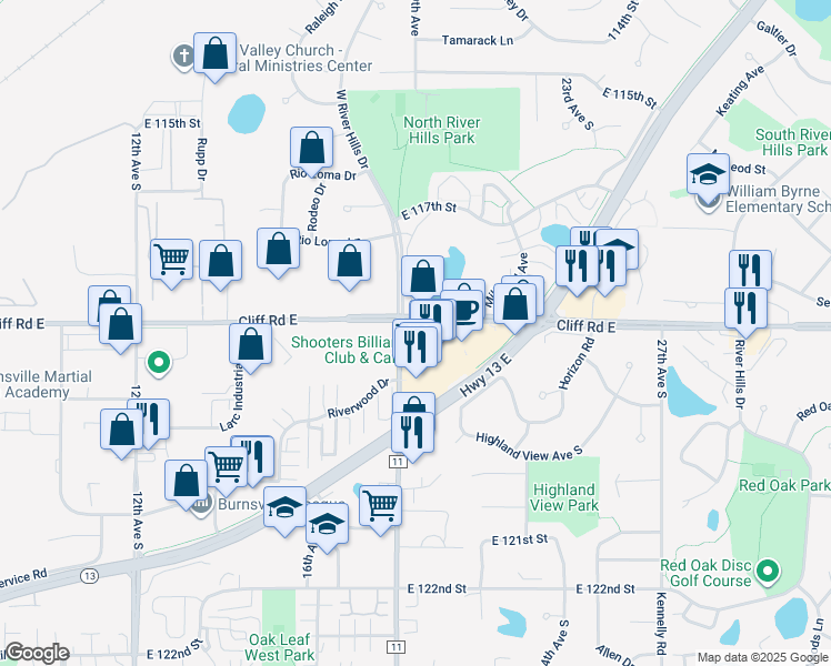 map of restaurants, bars, coffee shops, grocery stores, and more near 1851 Cliff Road East in Burnsville