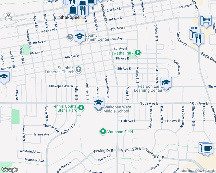 map of restaurants, bars, coffee shops, grocery stores, and more near 300 Shakopee Avenue East in Shakopee