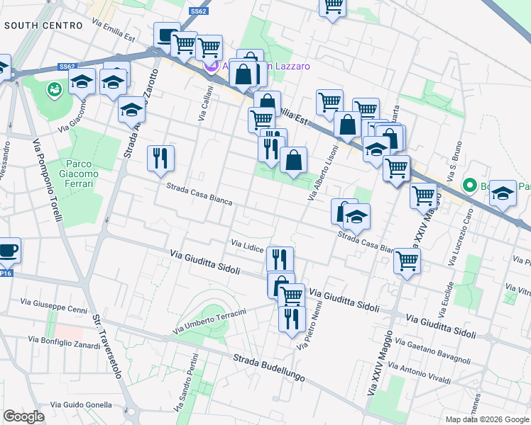 map of restaurants, bars, coffee shops, grocery stores, and more near 3 Via Gustavo Ghidini in Parma