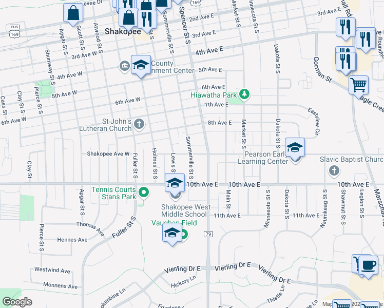 map of restaurants, bars, coffee shops, grocery stores, and more near 300 Shakopee Avenue East in Shakopee