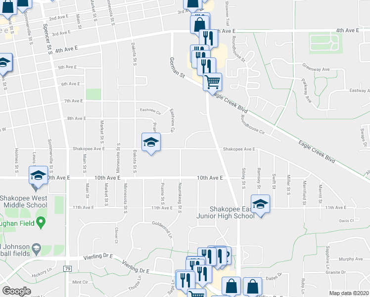 map of restaurants, bars, coffee shops, grocery stores, and more near 1126 Shakopee Avenue East in Shakopee