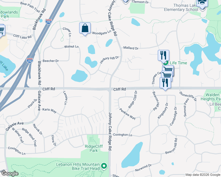 map of restaurants, bars, coffee shops, grocery stores, and more near Cliff Rd & Johnny Cake Ridge Rd in Eagan