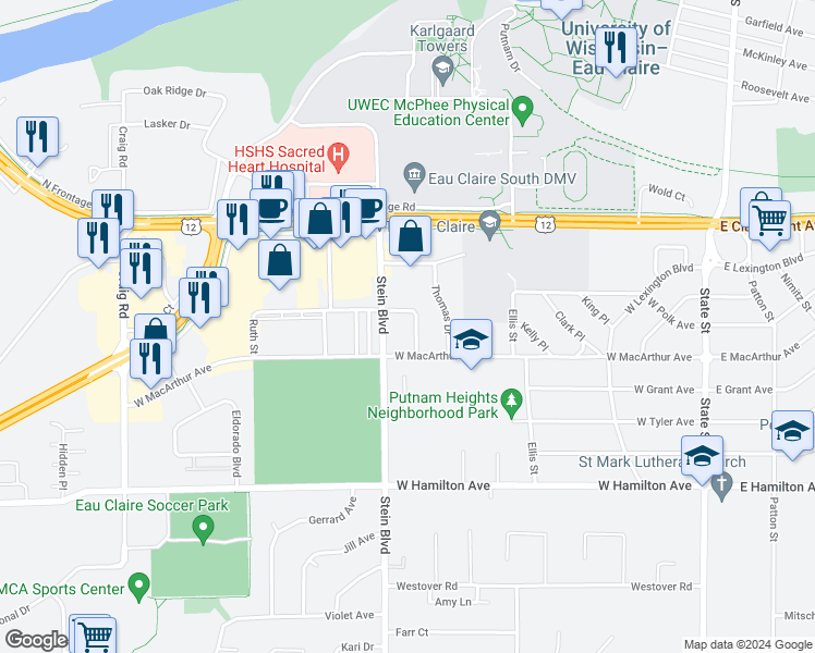 map of restaurants, bars, coffee shops, grocery stores, and more near 2816 Richard Drive in Eau Claire