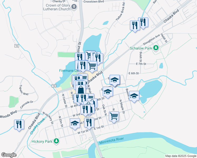 map of restaurants, bars, coffee shops, grocery stores, and more near 301 East 6th Street in Chaska