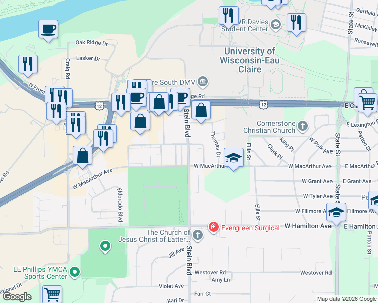 map of restaurants, bars, coffee shops, grocery stores, and more near 2820 Stein Boulevard in Eau Claire