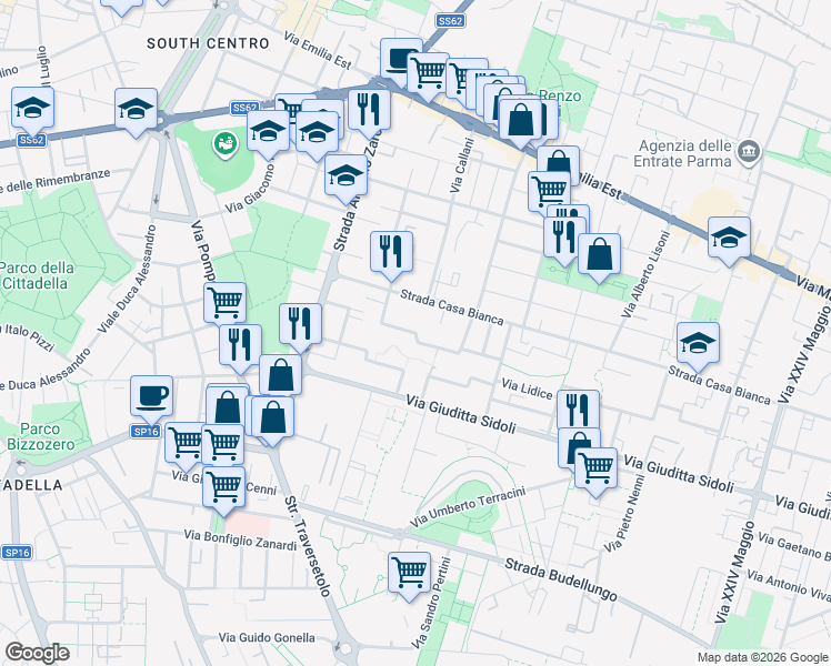 map of restaurants, bars, coffee shops, grocery stores, and more near 9-17 Via Carlo Marx in Parma