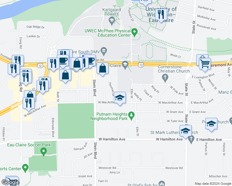 map of restaurants, bars, coffee shops, grocery stores, and more near 2825 Thomas Drive in Eau Claire