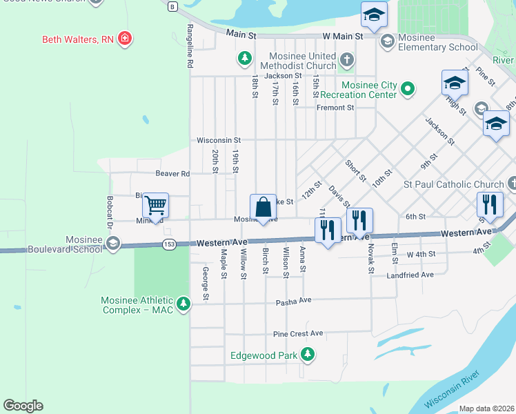 map of restaurants, bars, coffee shops, grocery stores, and more near 1120 Creske Street in Mosinee