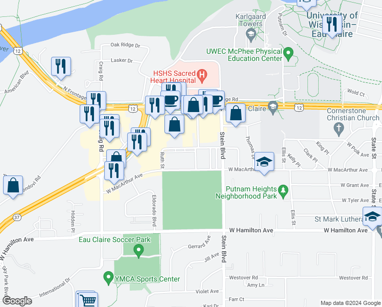 map of restaurants, bars, coffee shops, grocery stores, and more near 909 Richard Drive in Eau Claire