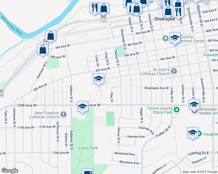 map of restaurants, bars, coffee shops, grocery stores, and more near 904 Clay Street in Shakopee