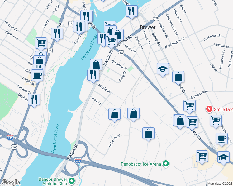 map of restaurants, bars, coffee shops, grocery stores, and more near 39 Maple Street in Brewer