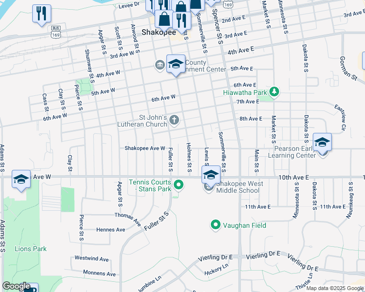 map of restaurants, bars, coffee shops, grocery stores, and more near 904 Holmes Street South in Shakopee