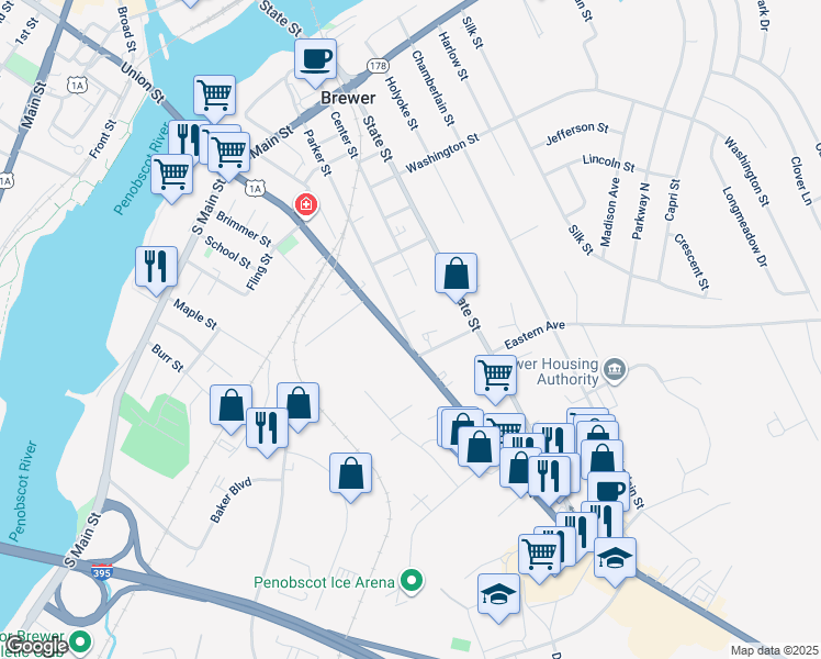 map of restaurants, bars, coffee shops, grocery stores, and more near 270 Wilson Street in Brewer